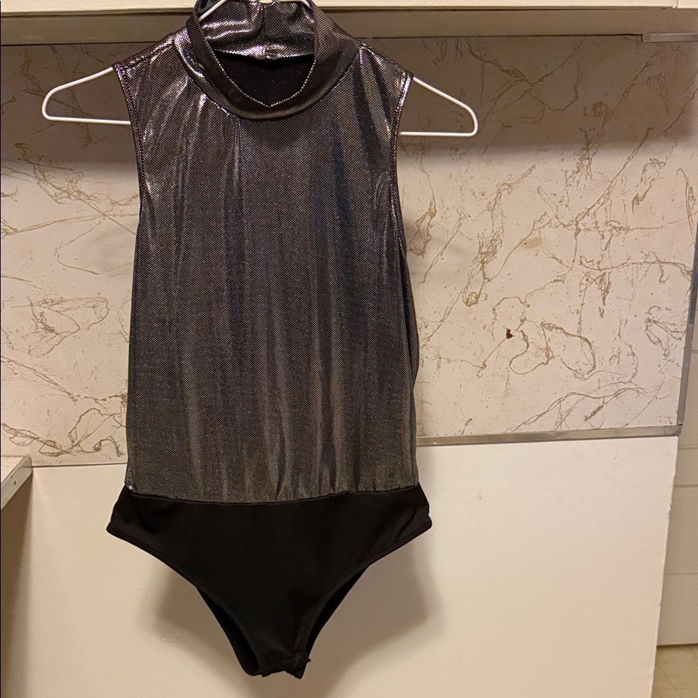 Glamorous Silver and Black High-Neck Bodysuit